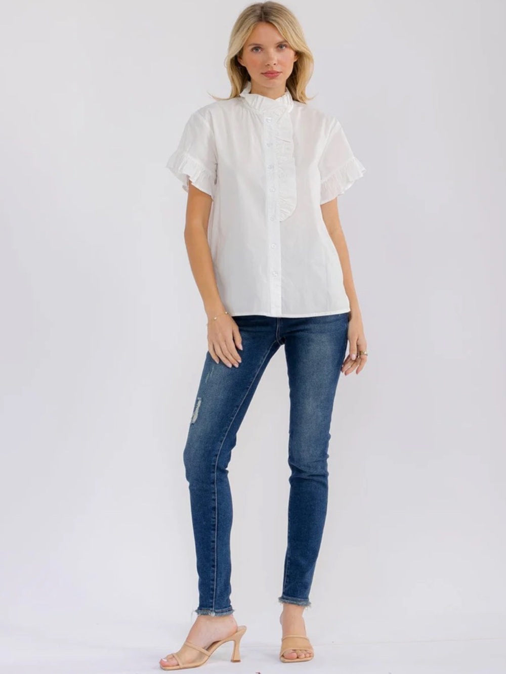 118 • Ruffled Button-Front White Cotton Blouse